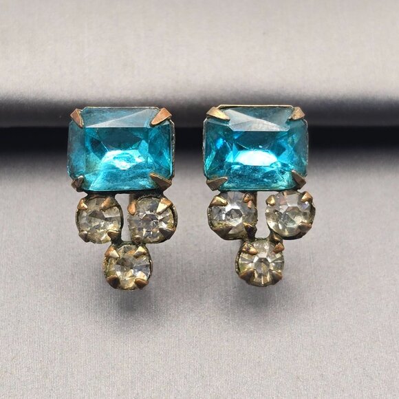 Vintage Aquamarine & Clear Paste Earrings | Screw-Back Glam Statement Jewelry - Picture 11 of 11